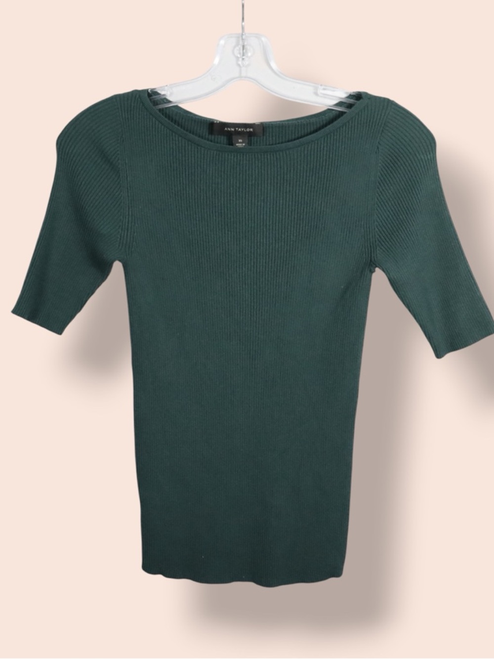 Ann Taylor Ribbed Knit Top Size XS Green Fitted Short Sleeve Sweater